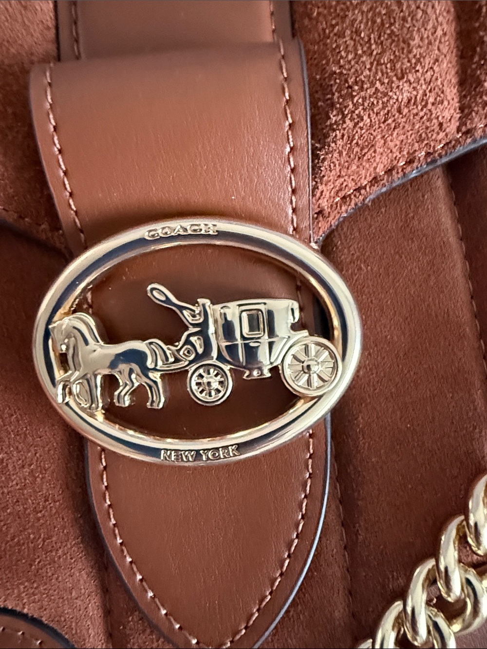 Coach Giorgia Suede and Leather Crossbody in Chestnut Brown with Gold Chain - Picture 3 of 12
